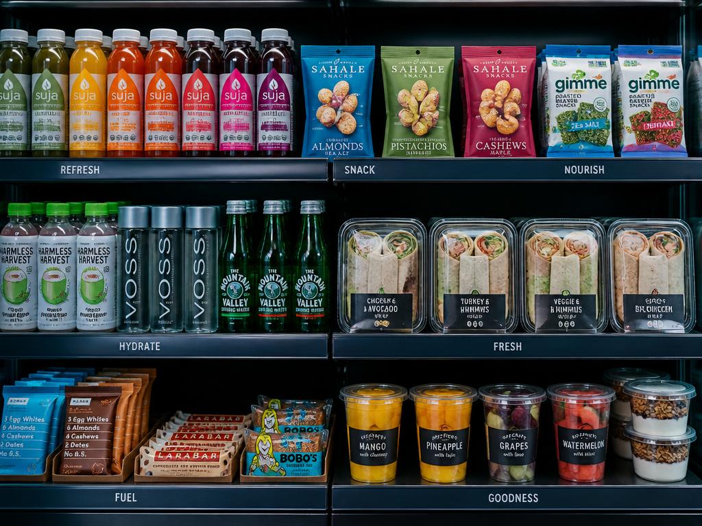 Neatly stocked micro market shelves with drinks, snacks, wraps, and fresh food